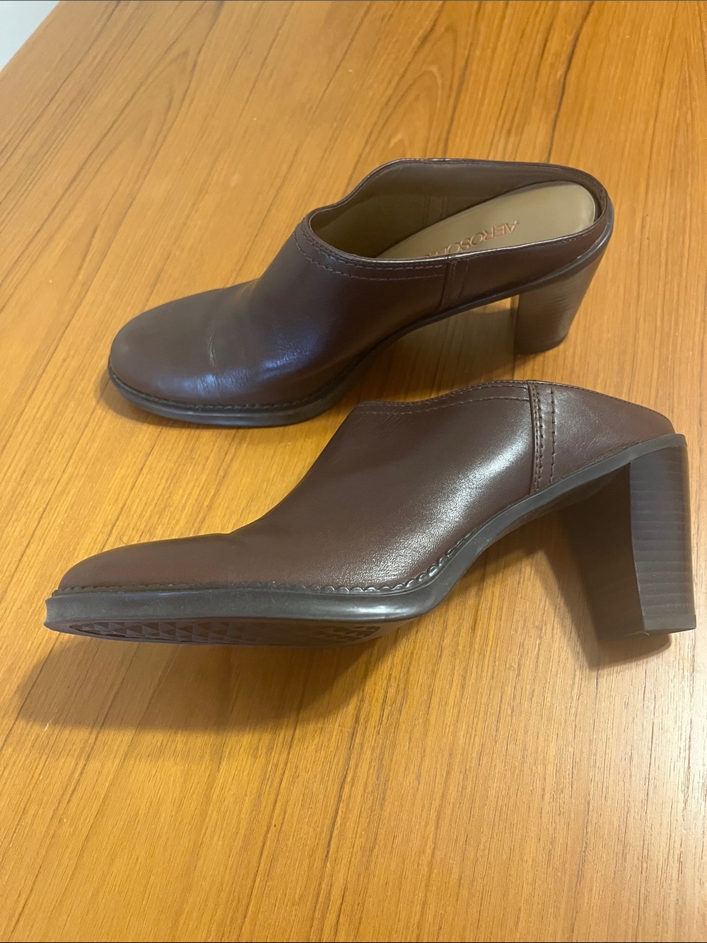 AEROSOLES Dark Brown Leather Block Heel Mules